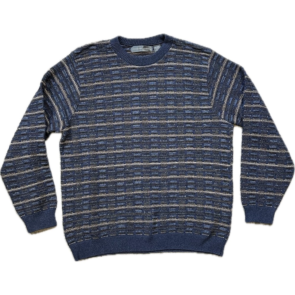 Oscar de la Renta Sweater Textured Knit Large Blue Vintage Grandpacore Crewneck